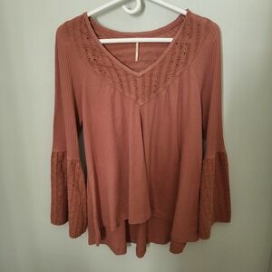 Free People Parisian Nights Women Med Bell Sleeves Boho Terracotta Rose V Neck